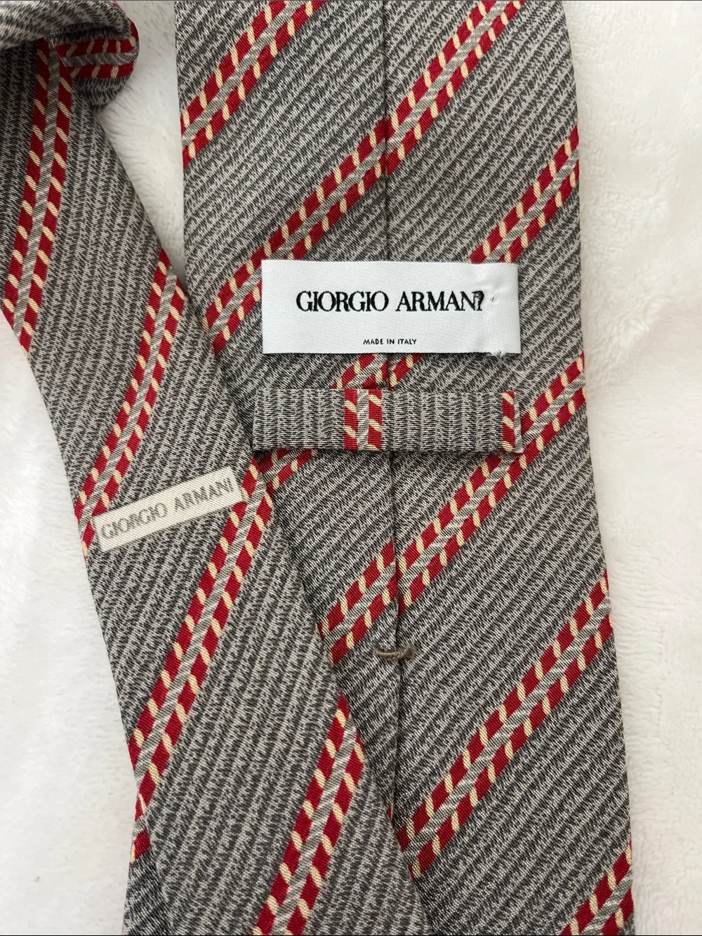 Giorgio Armani Gray Tie with Red & Cream Diagonal Braid
